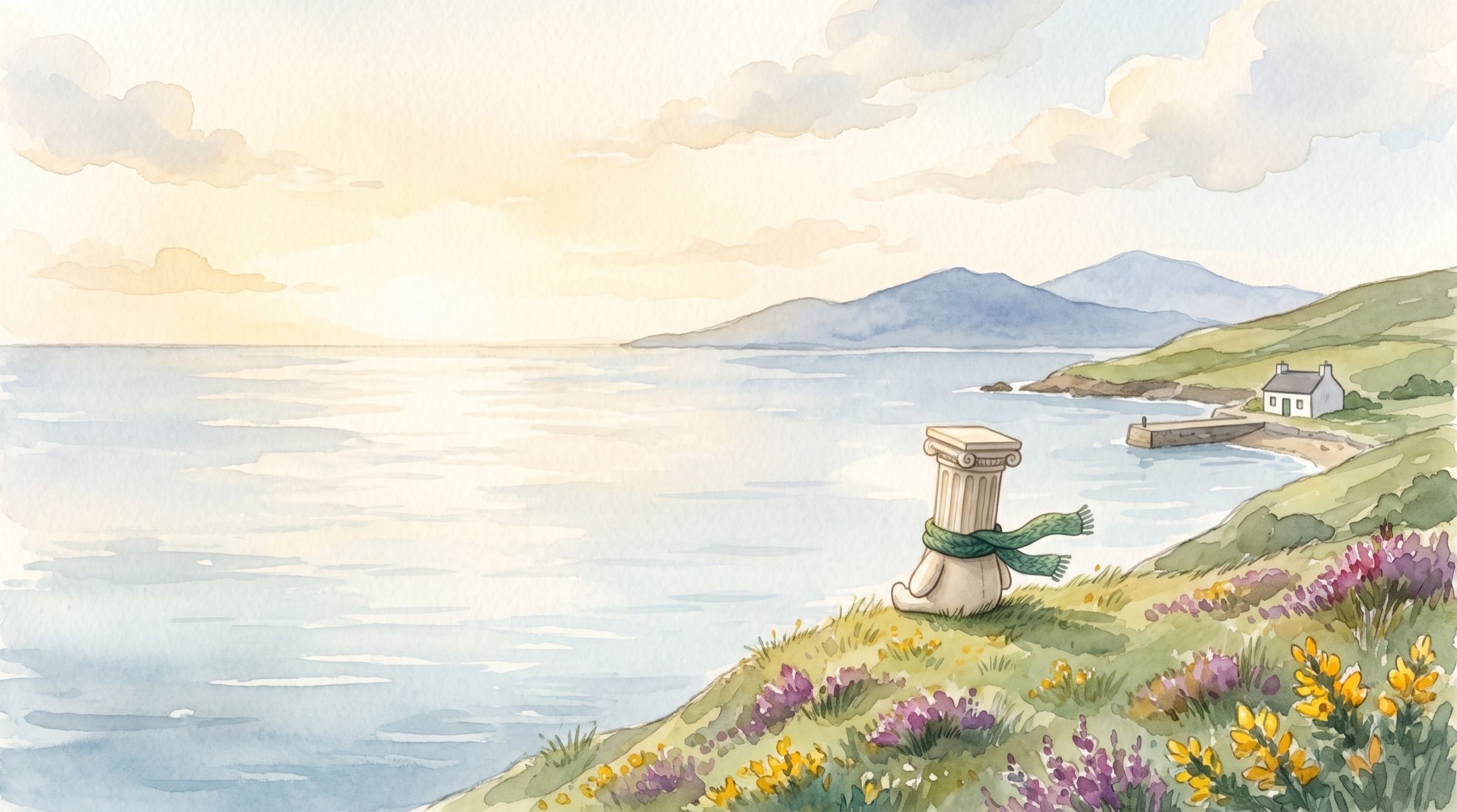 Watercolor illustration of the Kerry Atlantic coast, with a small column-headed character sitting on a headland looking over the bay