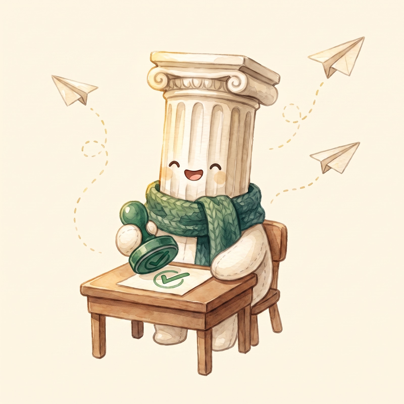 Watercolor character stamping an approval check while paper planes fly away