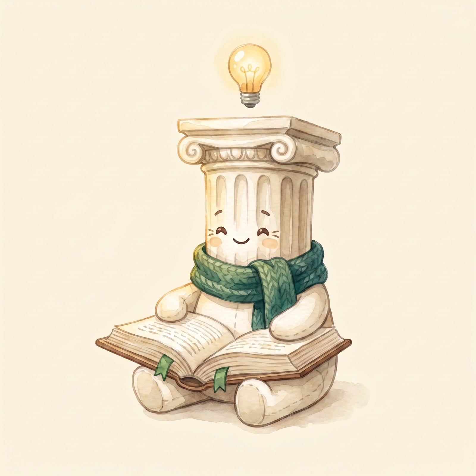 Watercolor character reading a large book with a glowing idea above its head