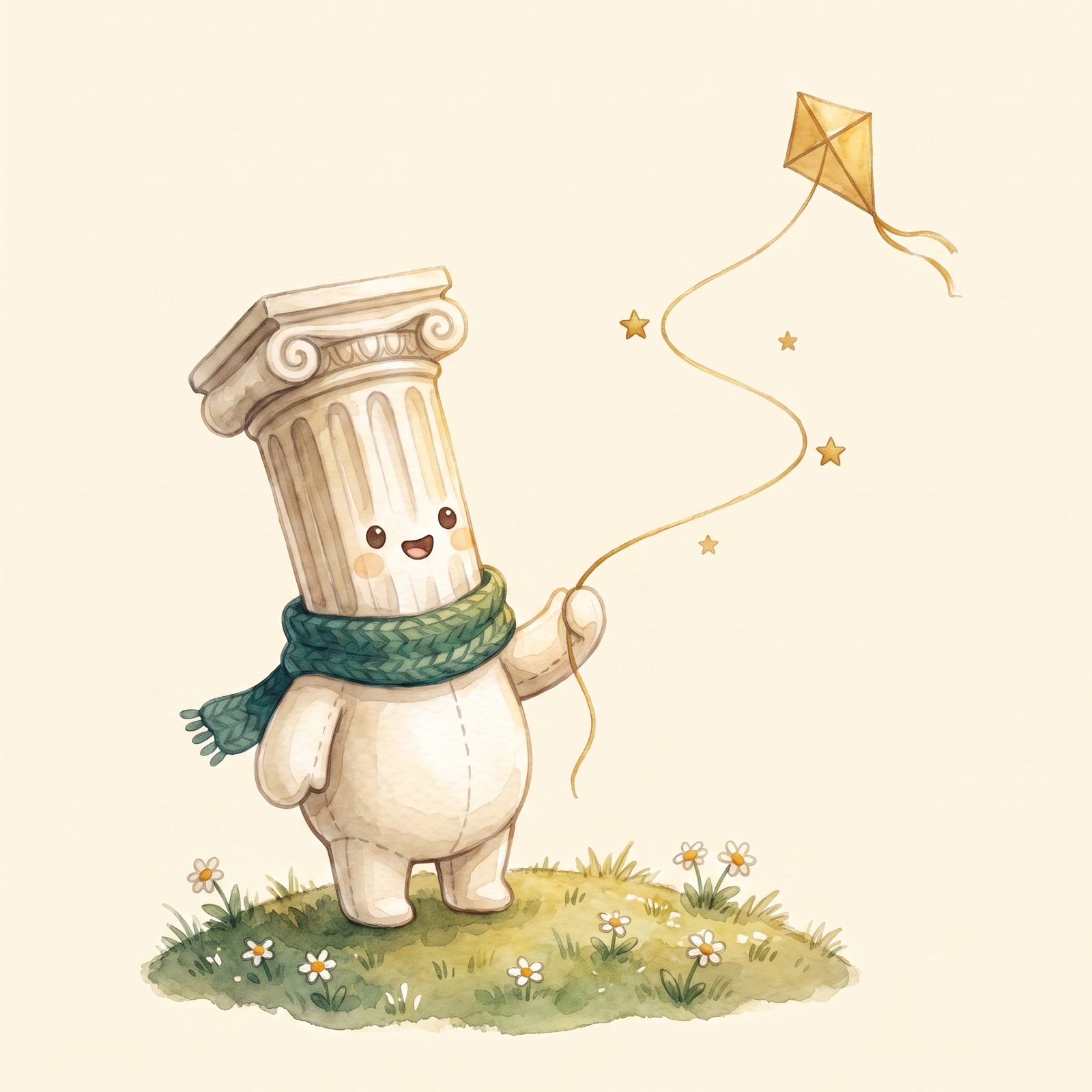 Watercolor character flying a golden kite whose string rises like a growing chart