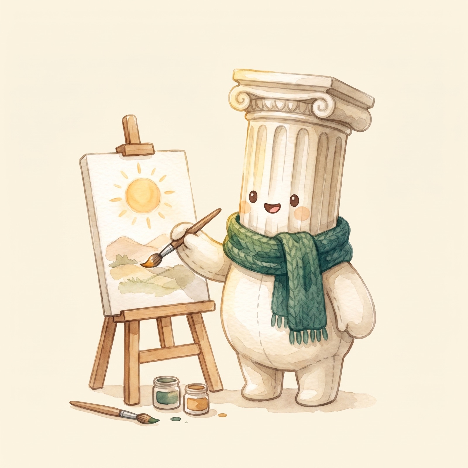 Watercolor character painting a small campaign poster at an easel