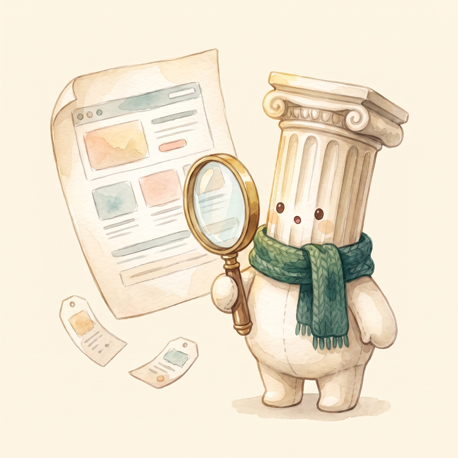 Watercolor character examining a website page with a magnifying glass