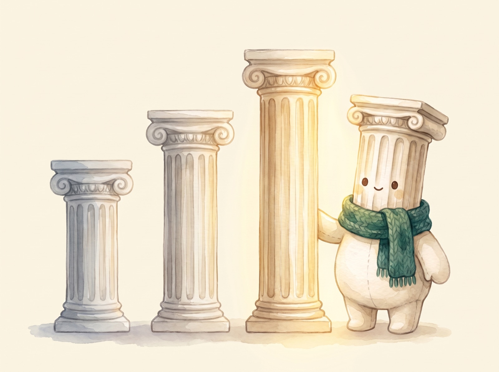 Watercolor illustration of the column-headed character resting a hand on the third of three columns, which glows with warm light